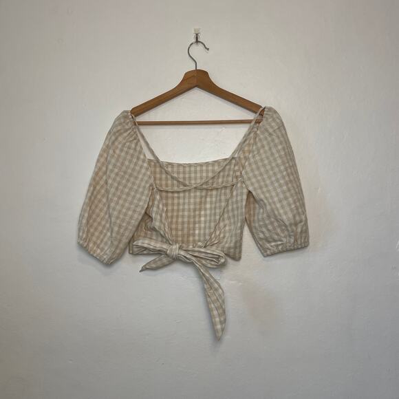 H&M – Gingham Check Linen Cotton Blend Puff Sleeve Open Back Blouse - Picture 5 of 9